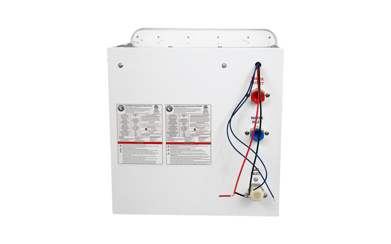 Back view of RVMP Flex Temp Water Heater for Recreational Vehicles in White