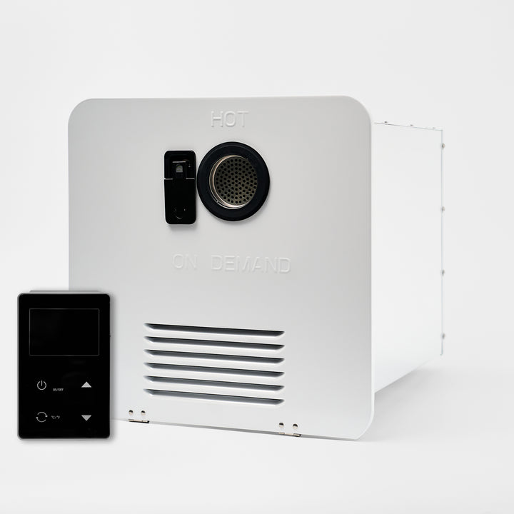 Flex Temp™ On-Demand Tankless Water Heater White · angle with remote