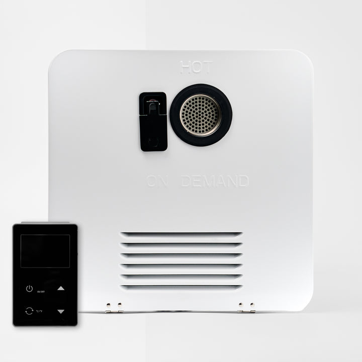 Flex Temp™ On-Demand Tankless Water Heater White · front with remote
