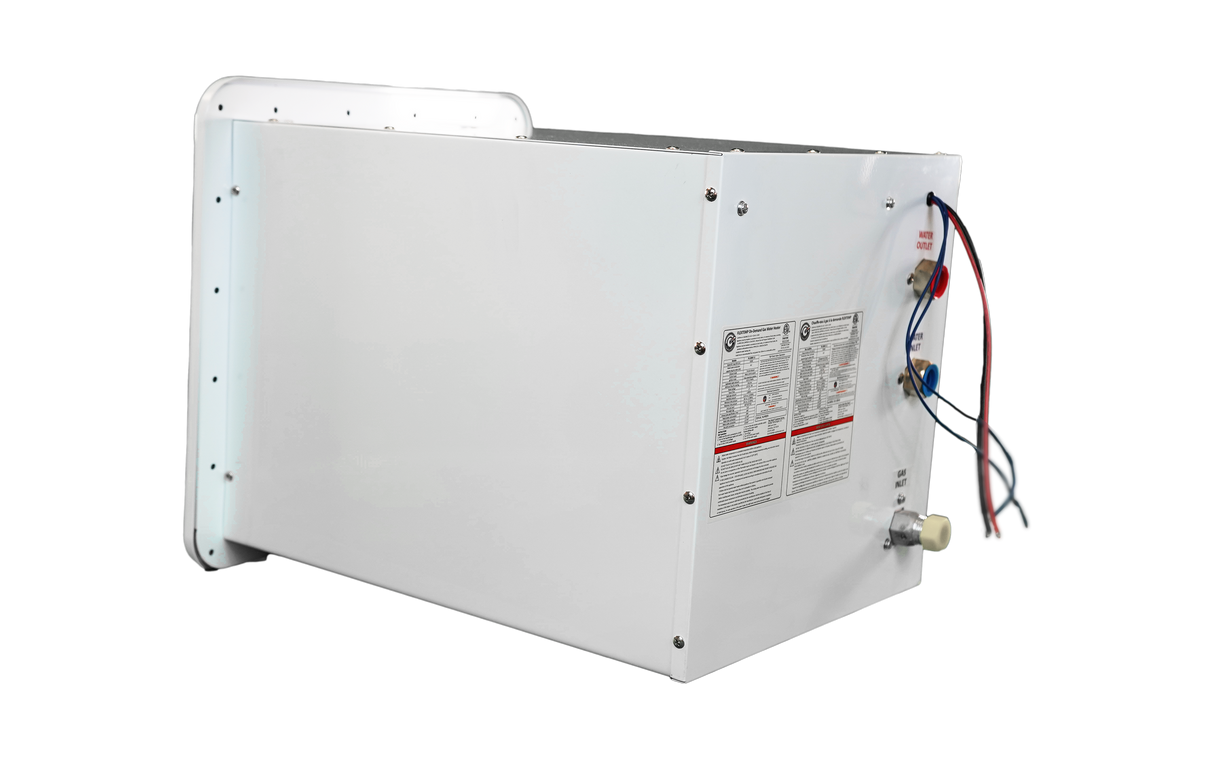 Back Side view of RVMP Flex Temp Water Heater for Recreational Vehicles in White