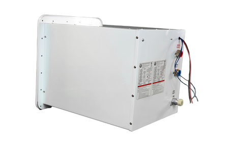 Back Side view of RVMP Flex Temp Water Heater for Recreational Vehicles in White
